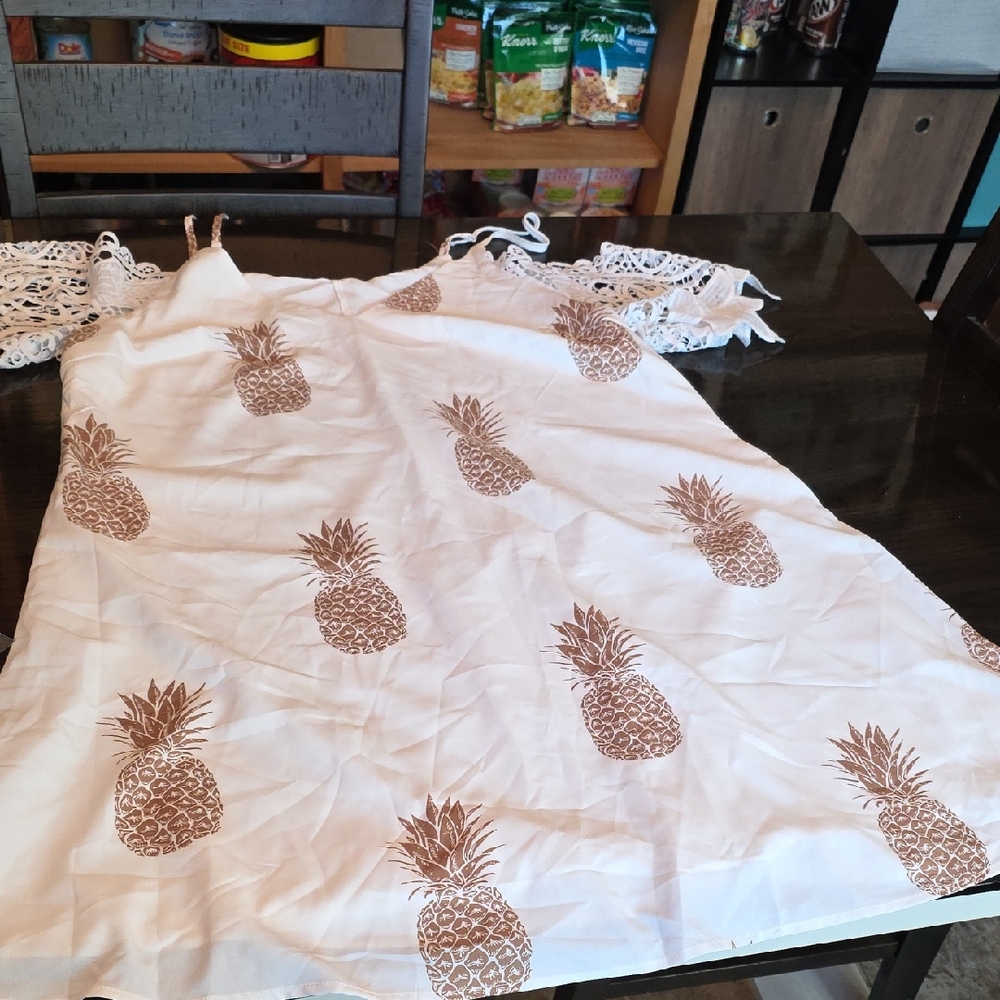 SHEIN White with Brown Pineapple Pattern Cold Shoulder  Spagettie Strap Dress